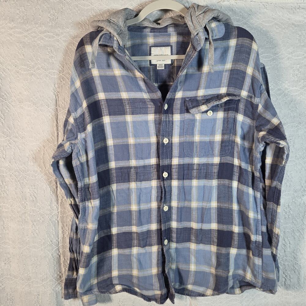 American Eagle Womens M Plaid Hooded Flannel Shirt Blue Button Front Super Soft